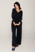V Neck Long Sleeve Navy Women's Tops MILA
