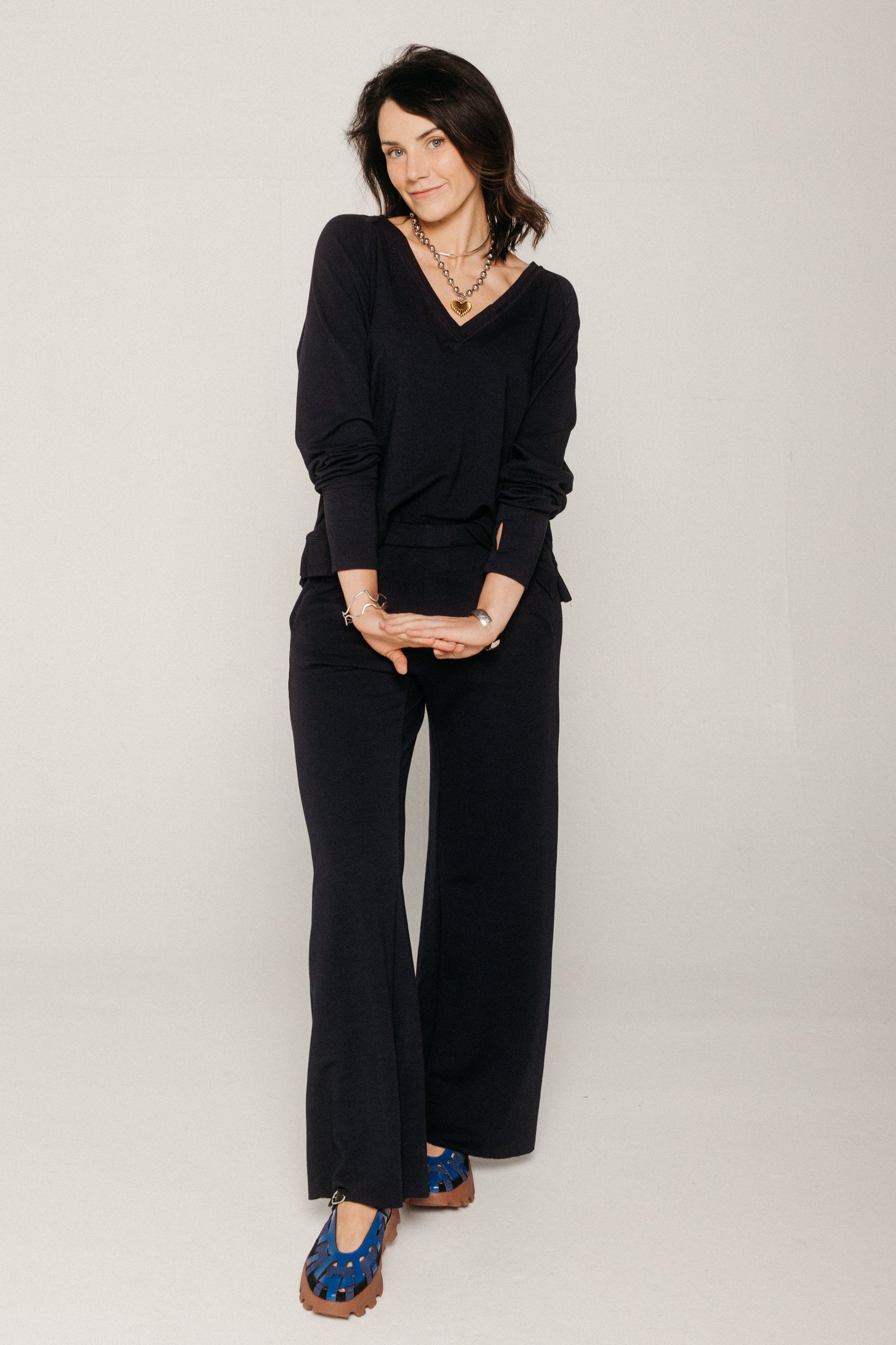 V Neck Long Sleeve Navy Women's Tops MILA