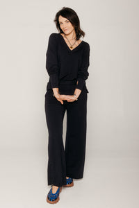 V Neck Long Sleeve Navy Women's Tops MILA