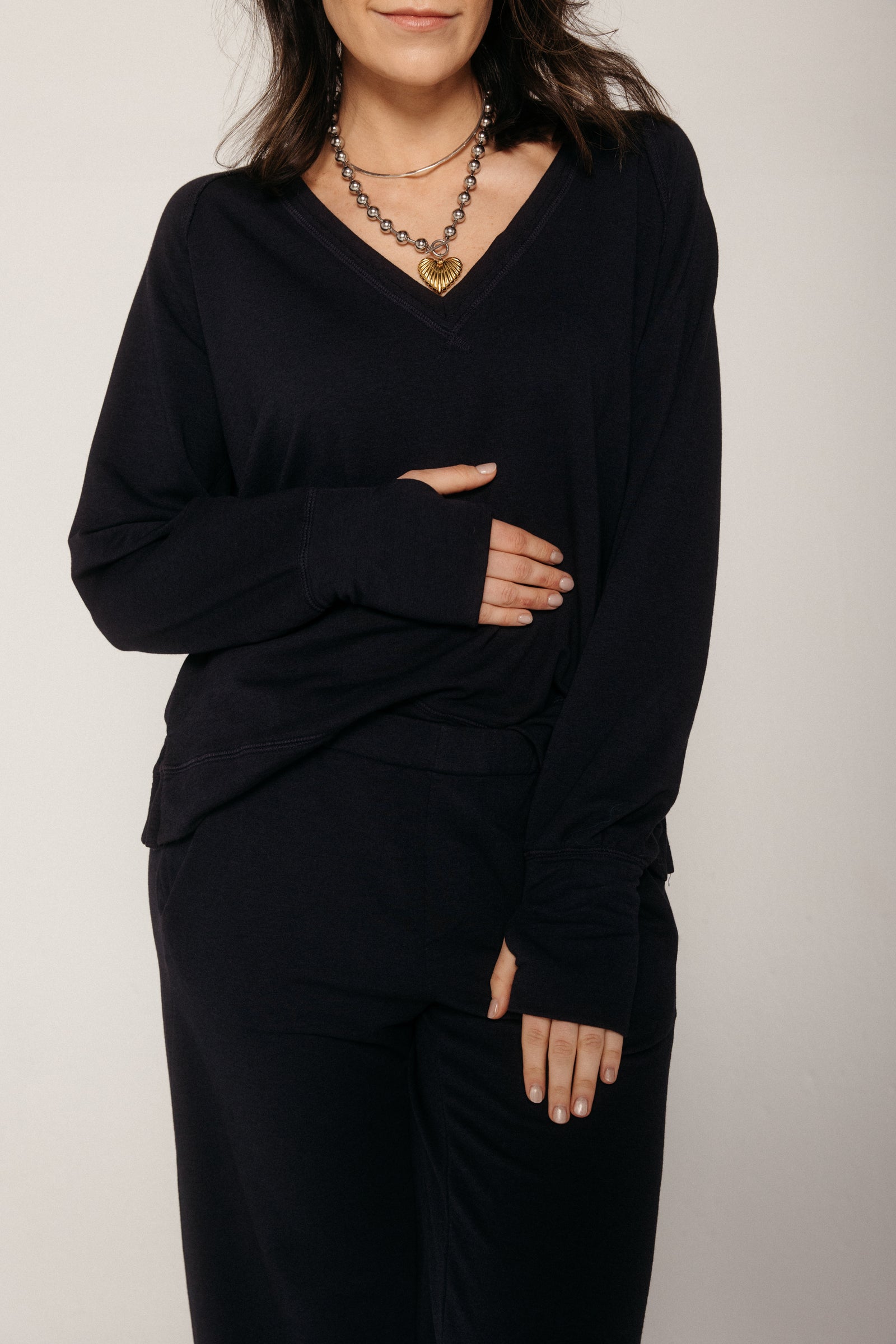 V Neck Long Sleeve Navy Women's Tops MILA