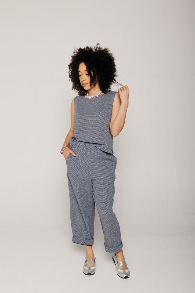 Clara Tapered Trousers Little Check Navy Women's Bottoms Bibico