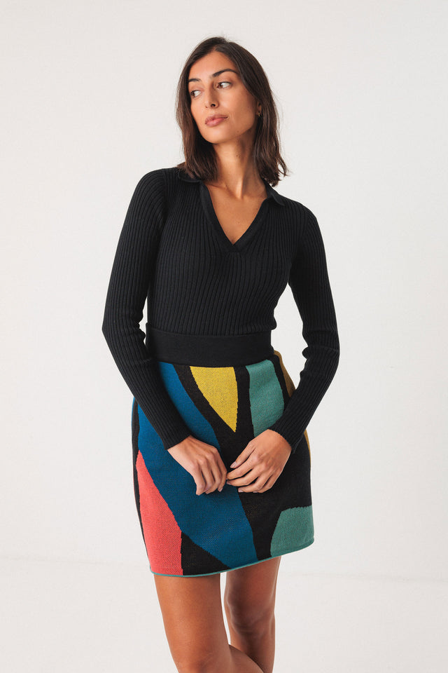 Ariza Ribbed LS Black Women's Tops SKFK