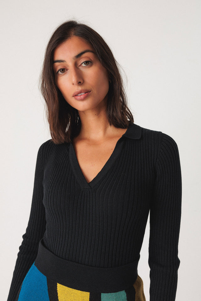Ariza Ribbed LS Black Women's Tops SKFK