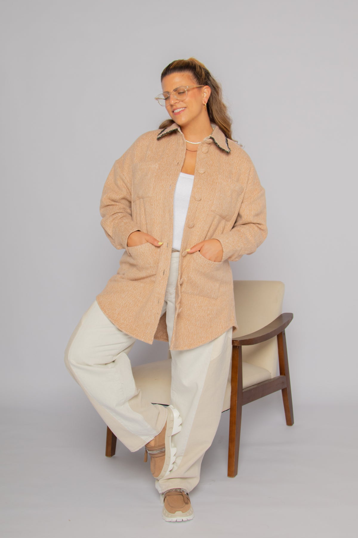 Boucle Trim Overshirt Maple Women's Tops Outerwear Theo
