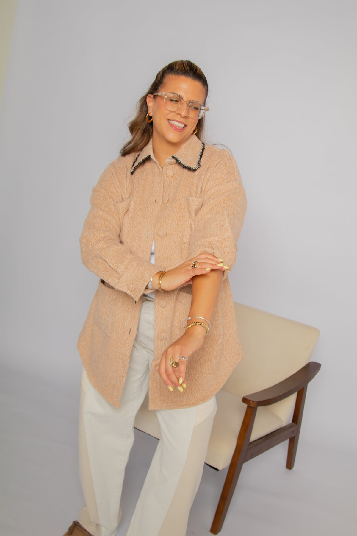 Boucle Trim Overshirt Maple Women's Tops Outerwear Theo