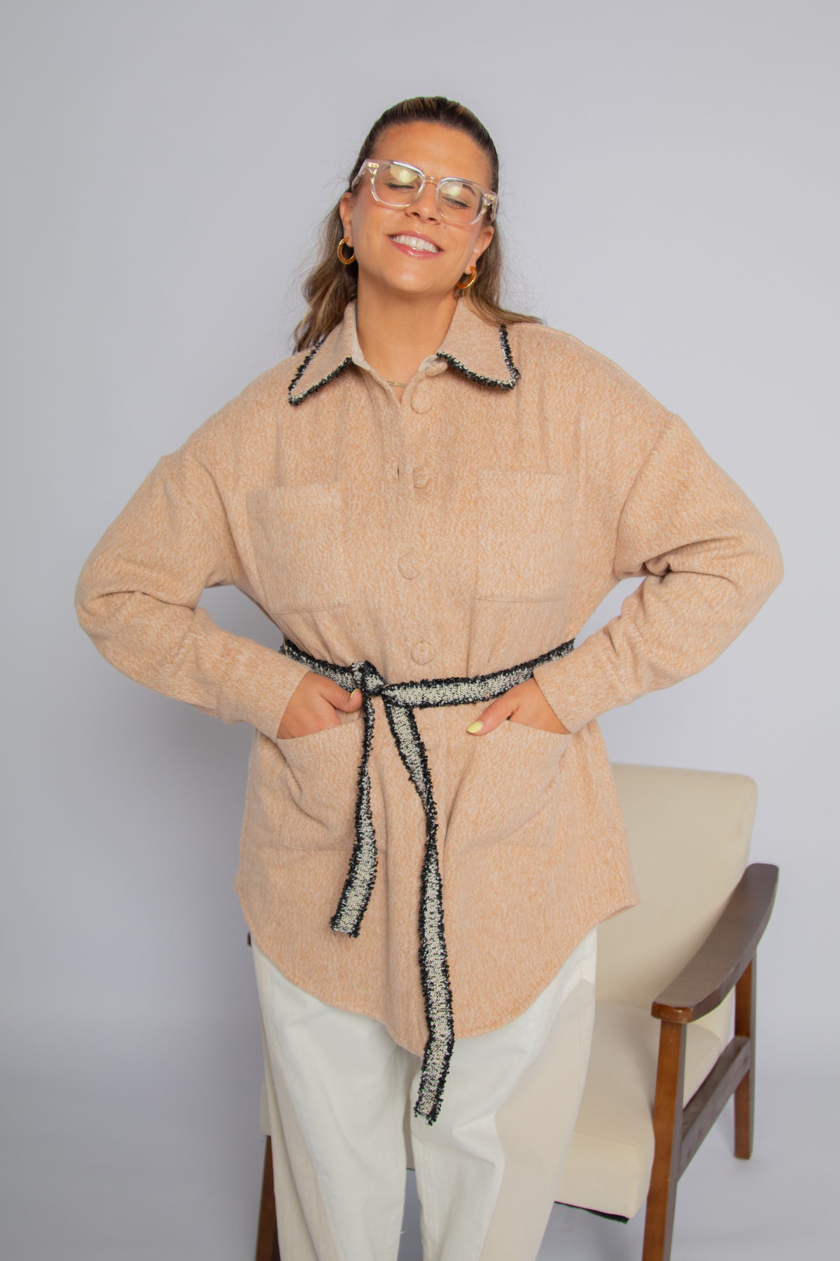 Boucle Trim Overshirt Maple Women's Tops Outerwear Theo