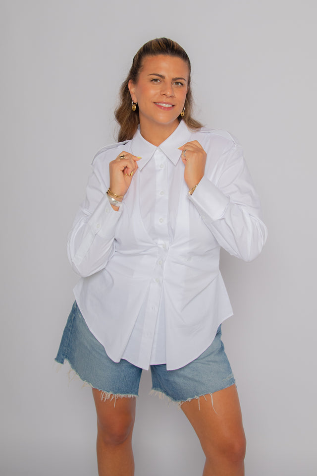 Nemesis Cinched Epaulet Shirt White Women's Tops Theo