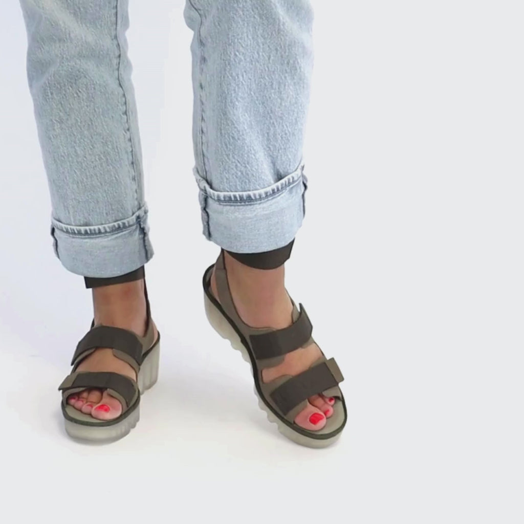 Women's platform wedge sandal Bech Khaki by FLY LONDON