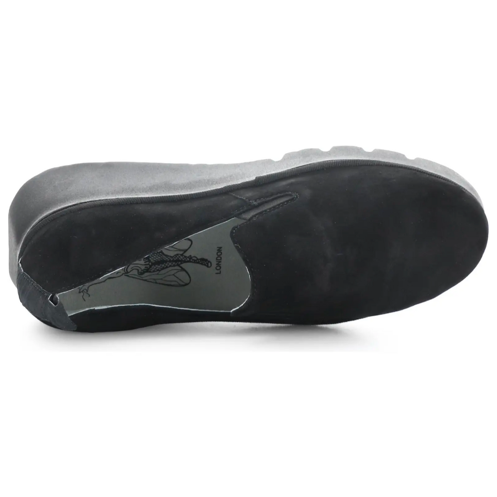 Women's pece black suede sport wedge loafer by Fly london