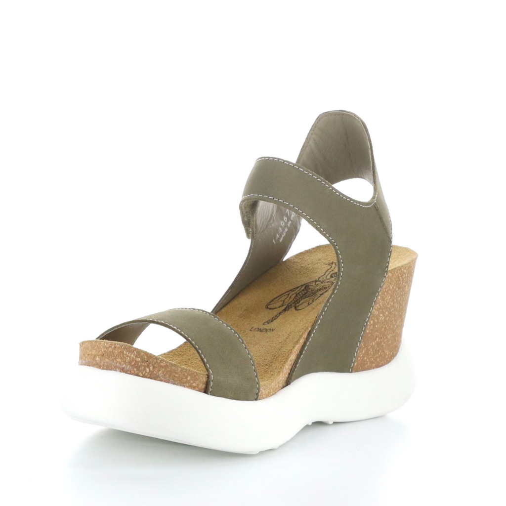 Women's gogo khaki leather cork wedge by Fly London
