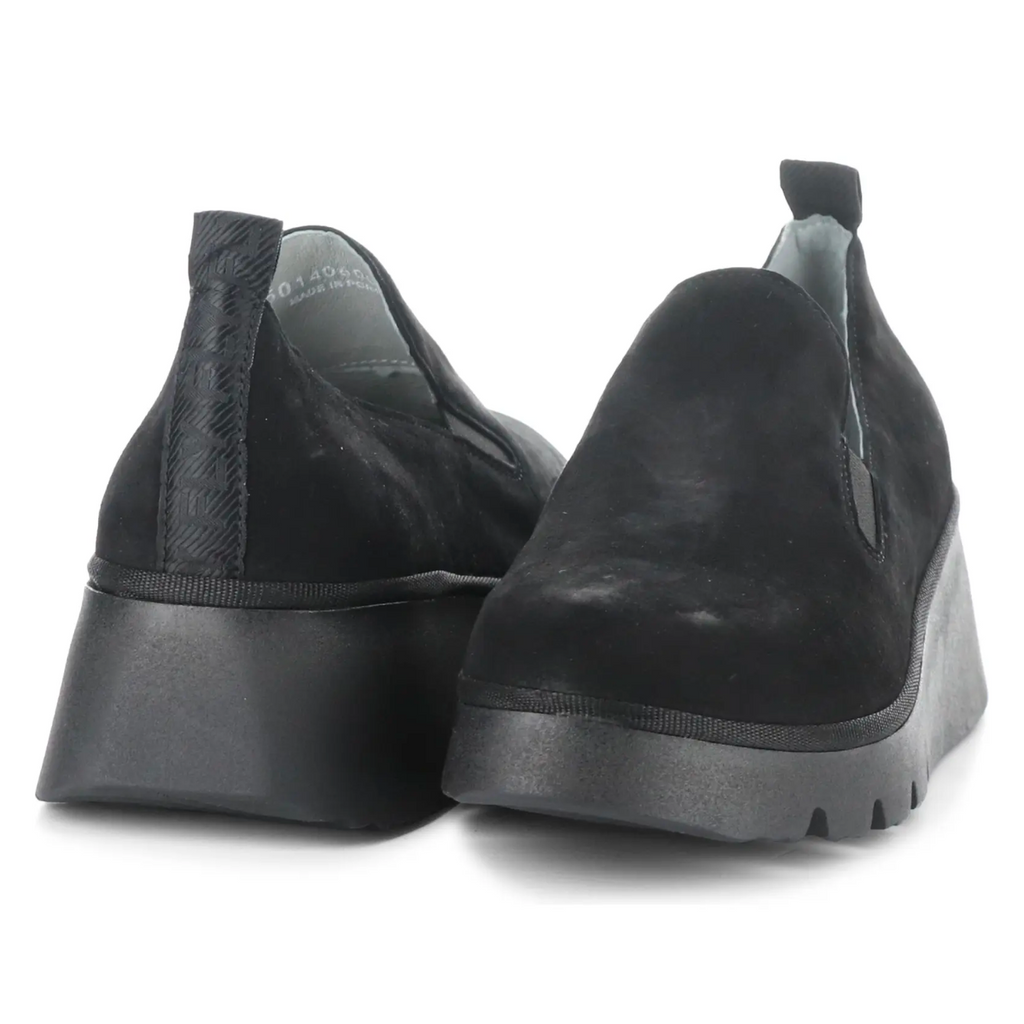 Women's pece black suede sport wedge loafer by Fly london