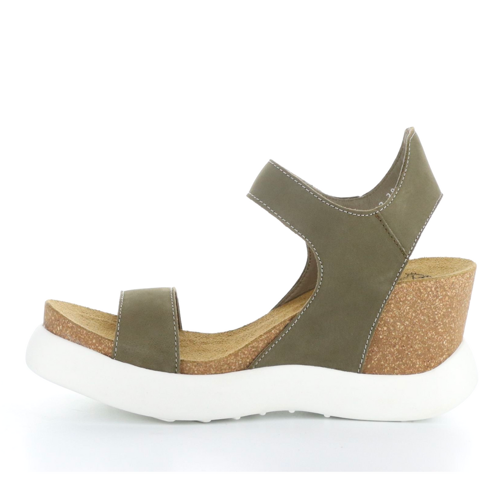 Women's gogo khaki leather cork wedge by Fly London