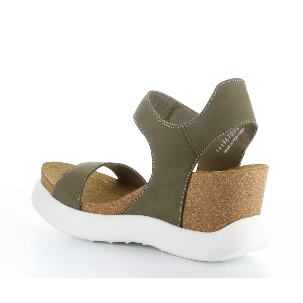 Women's gogo khaki leather cork wedge by Fly London