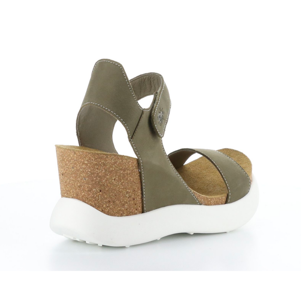 Women's gogo khaki leather cork wedge by Fly London