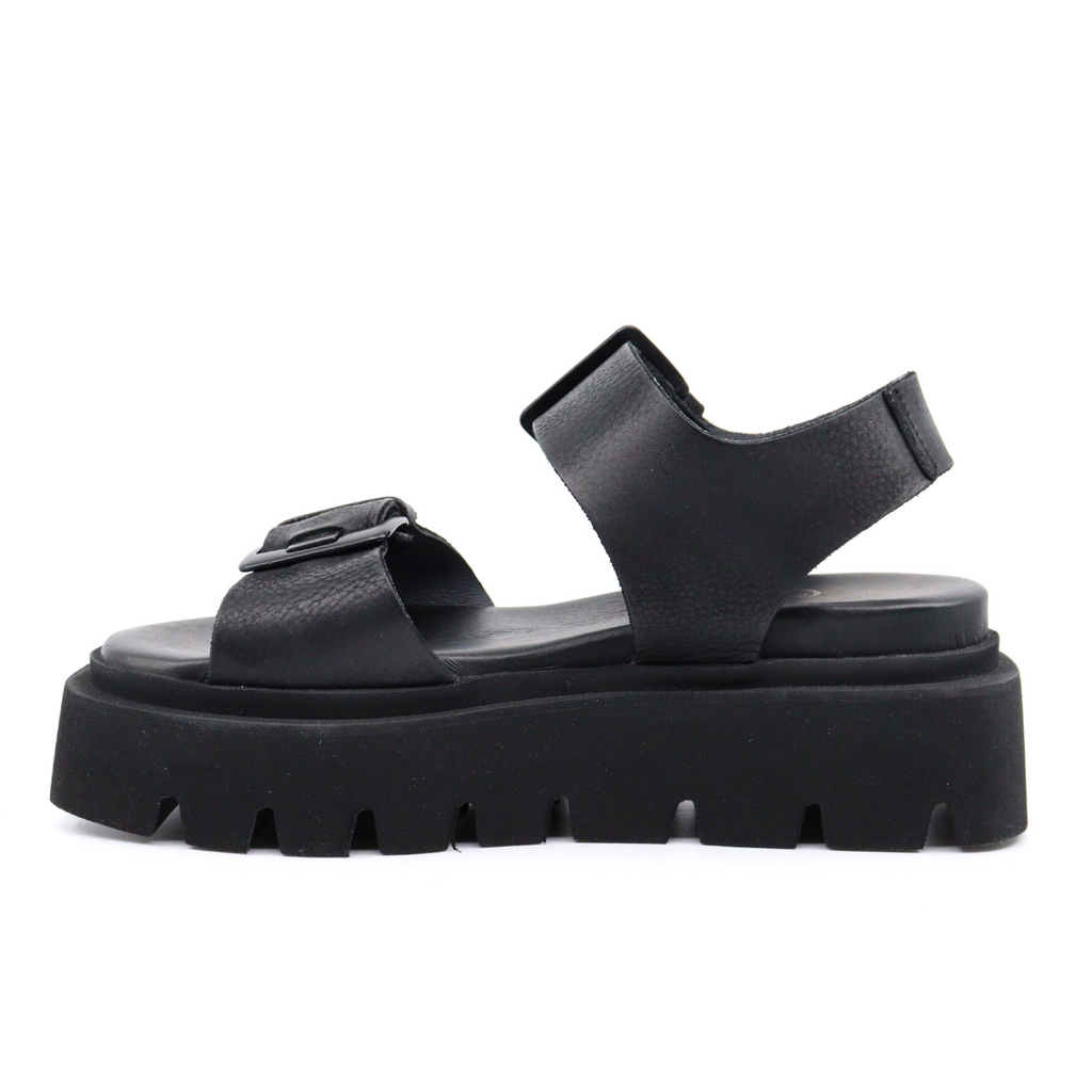 Women's wadena quad nero black chunky platform buckle Italian sandal by Lofina