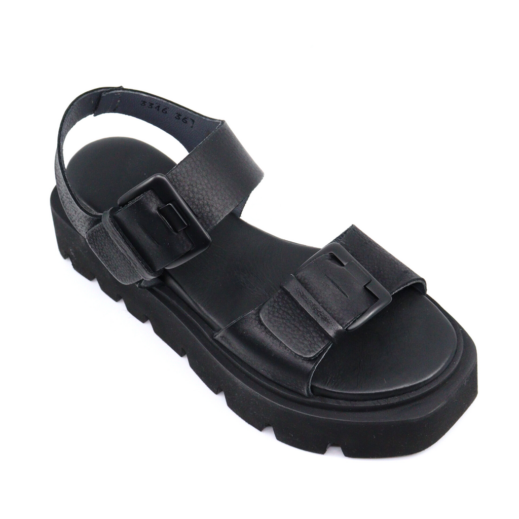 Women's wadena quad nero black chunky platform buckle Italian sandal by Lofina