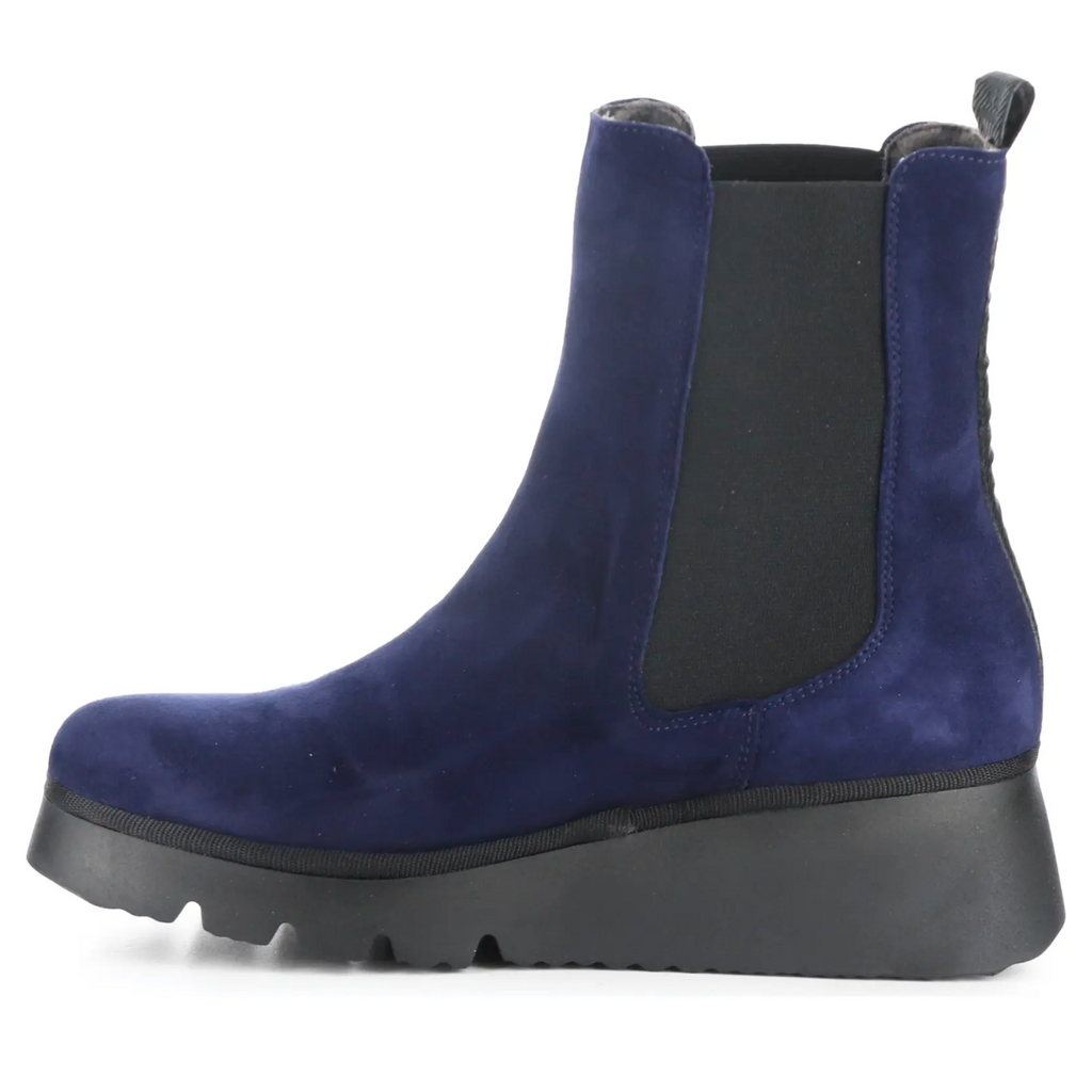 Women's paty navy suede wedge bootie by Fly london