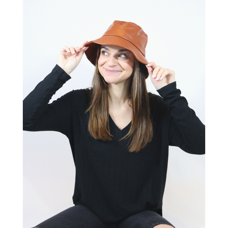 brown VEGAN LEATHER BUCKET HAT